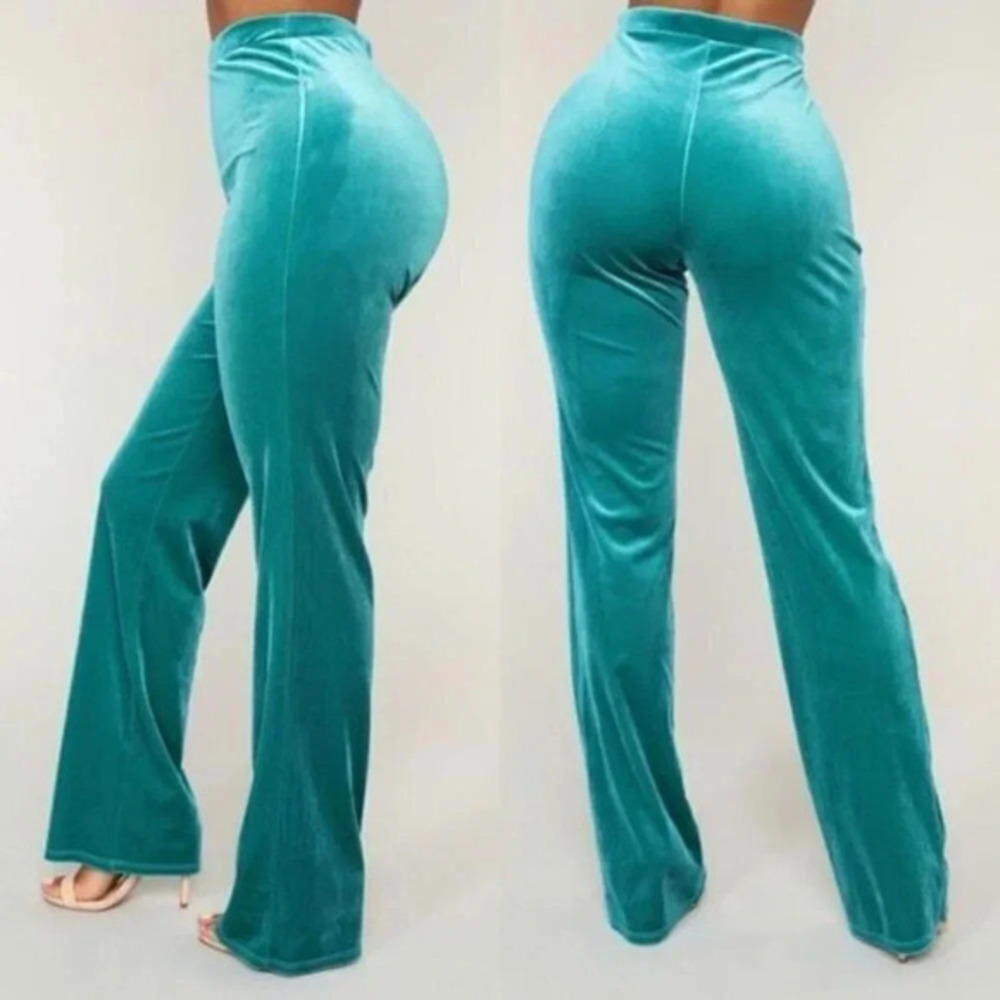 Fashion Nova Womens Velour Pant Jade Comfortable Straight Leg Size Small Elastic